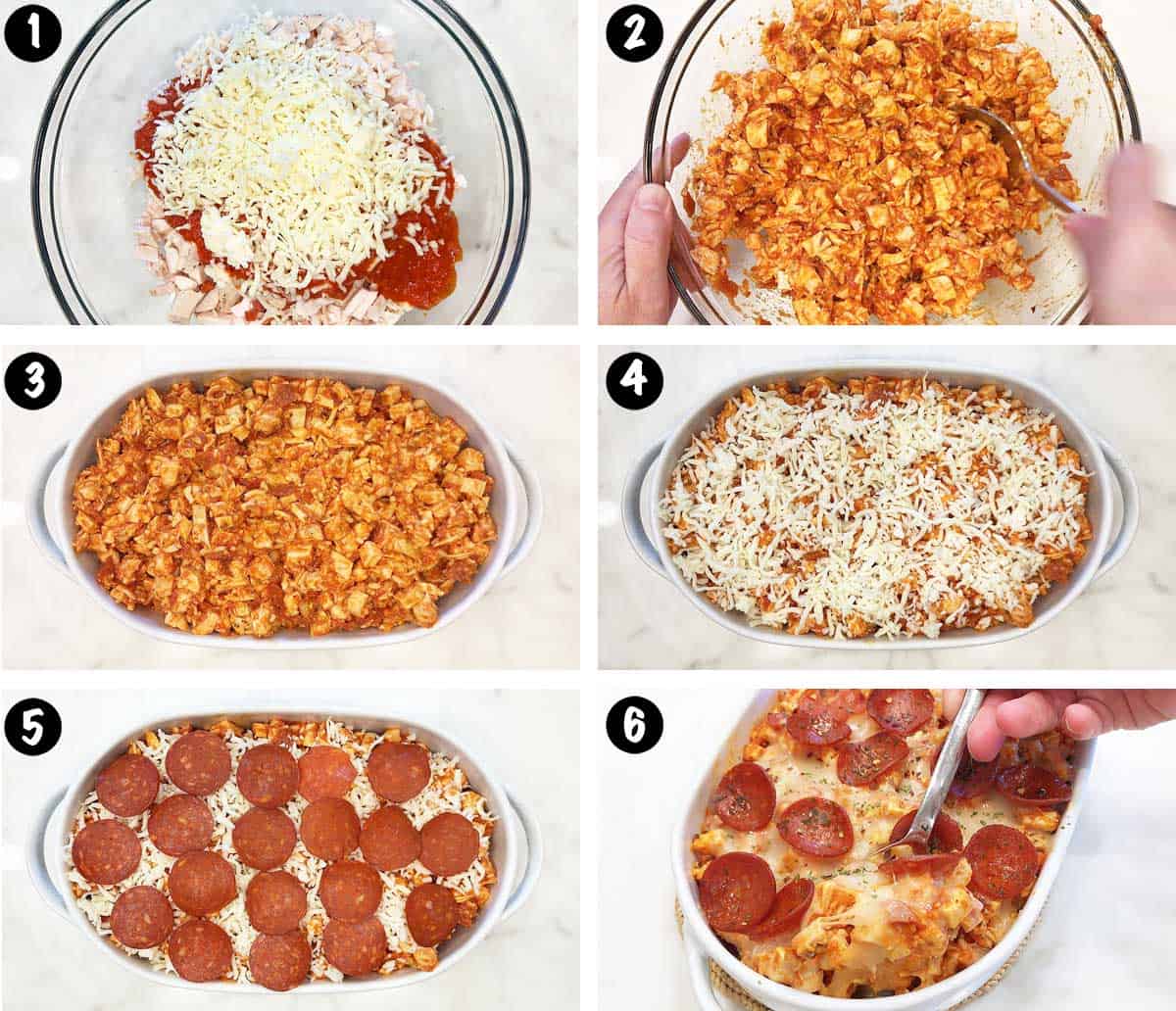 Un collage de fotos que muestra los pasos para hacer una cazuela de pizza keto. 