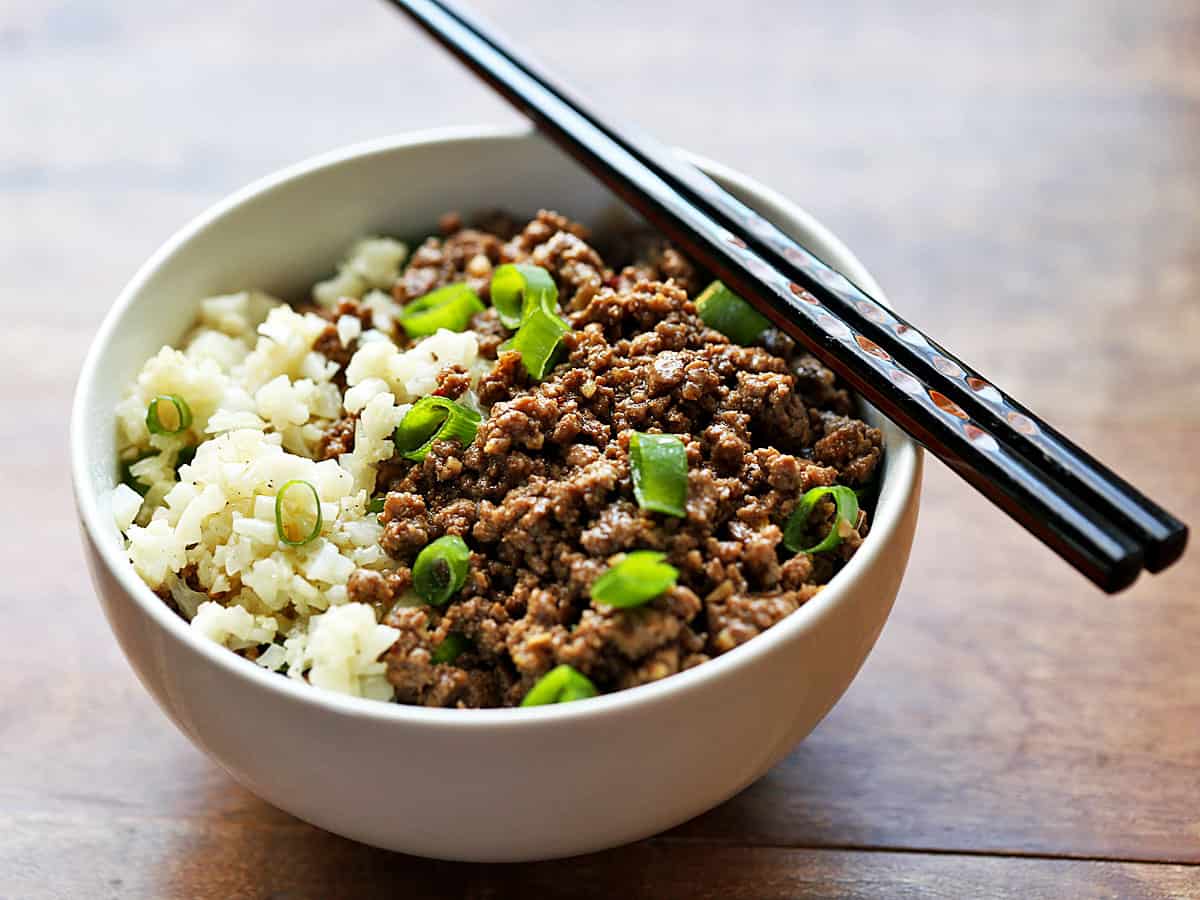 Korean ground beef served in a bowl with chopsticks. 