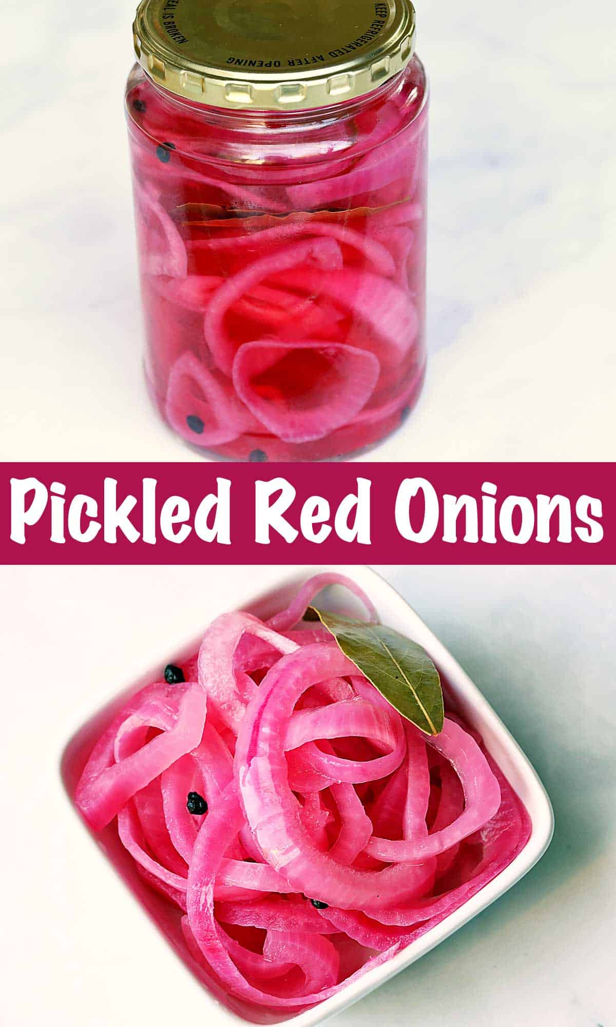 A two-photo collage of pickled red onions - in a jar and in a bowl.  