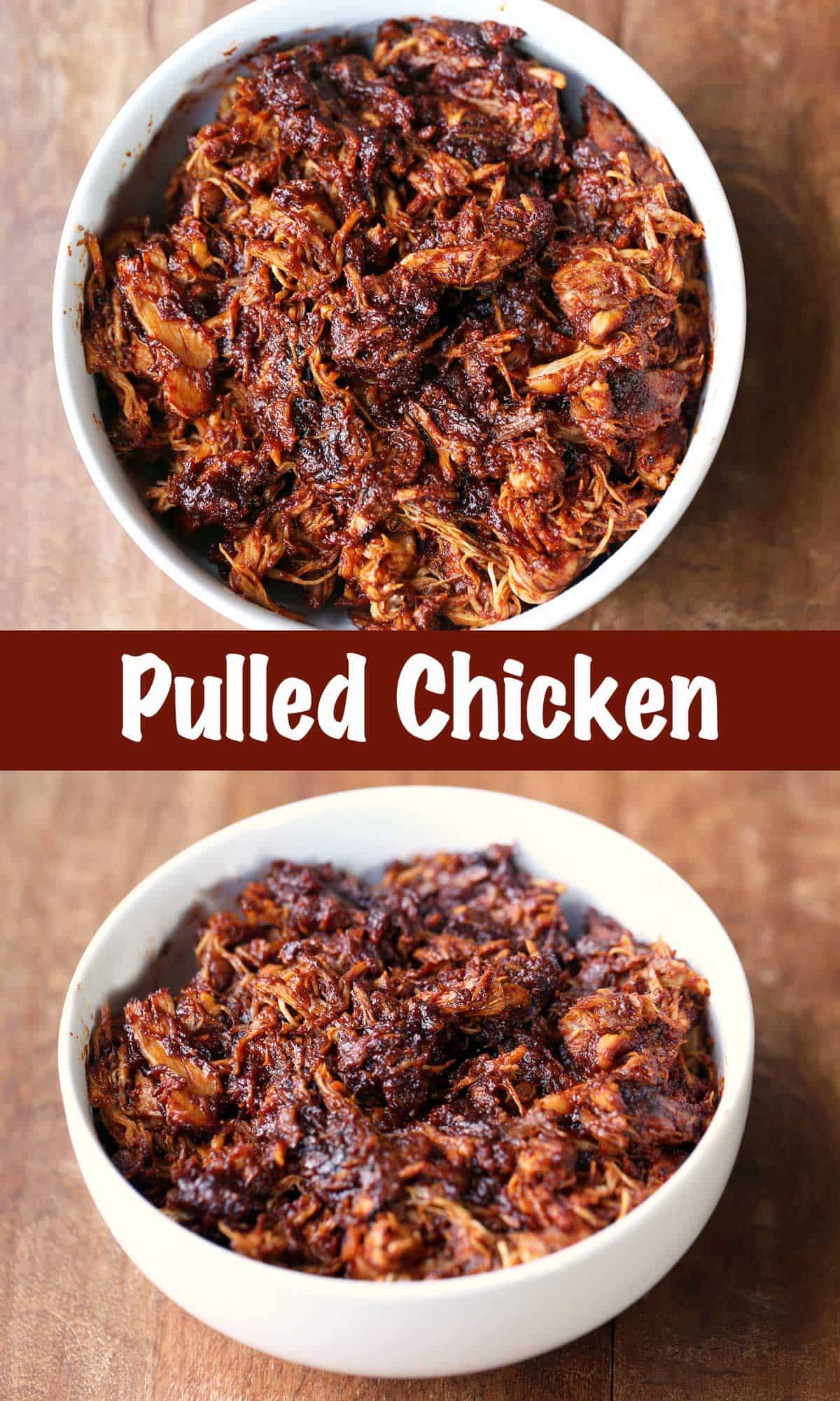 A two-photo collage of pulled chicken served in a white bowl.  