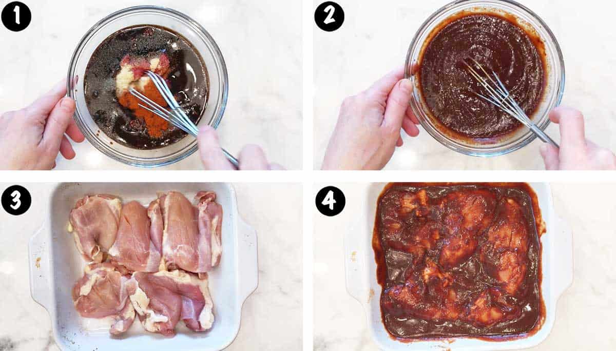 A photo collage showing steps 1-4 for making pulled chicken.