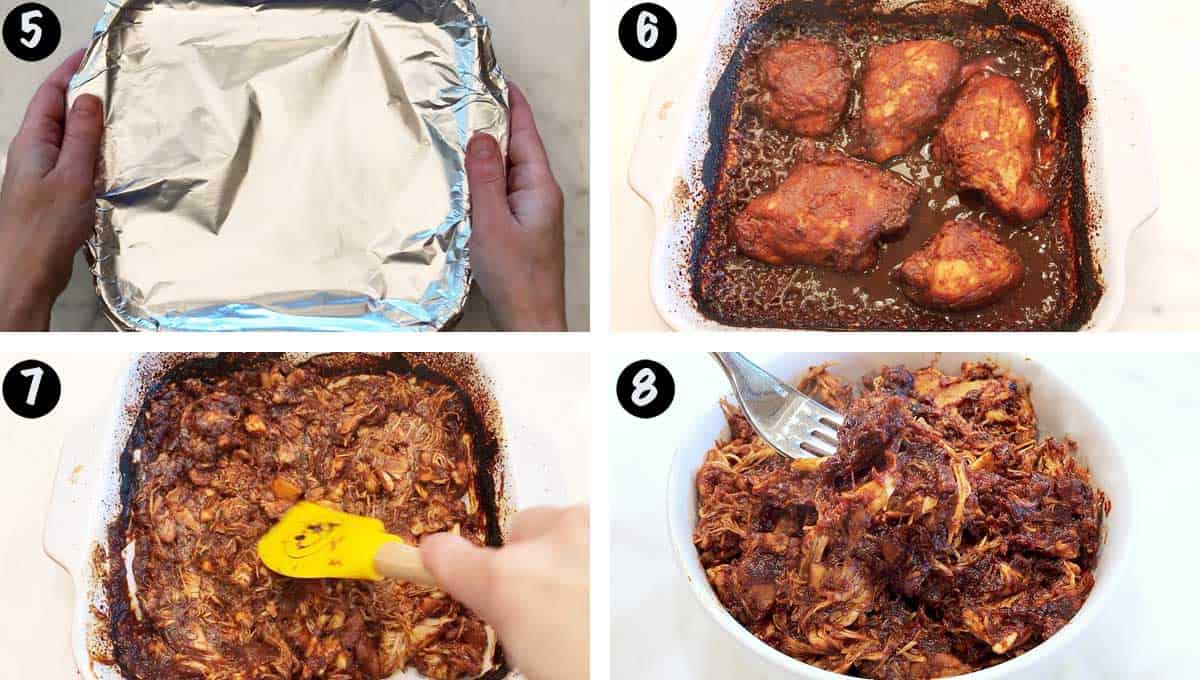A photo collage showing steps 5-8 for making pulled chicken.