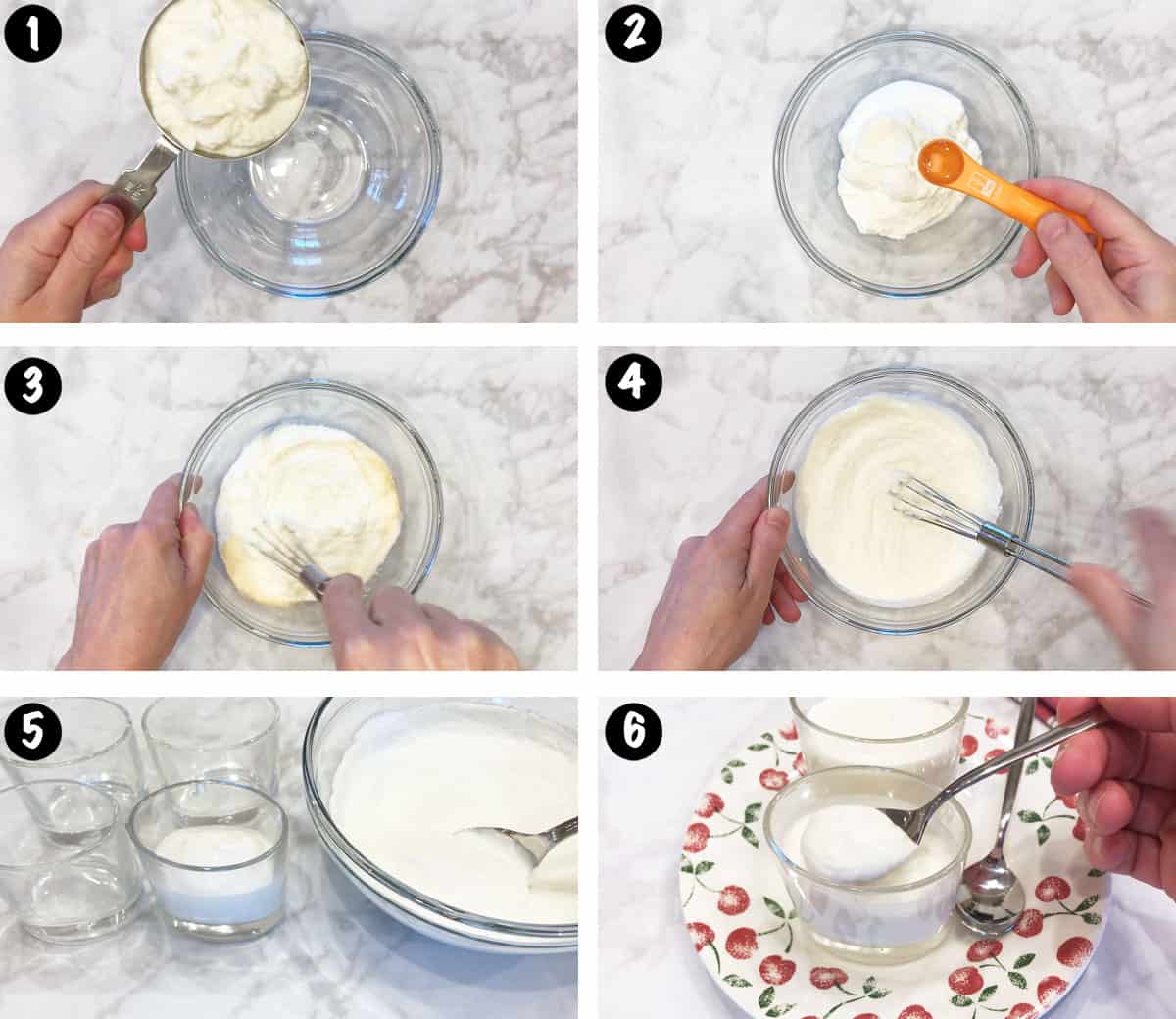 A photo collage showing the steps for making a ricotta dessert. 