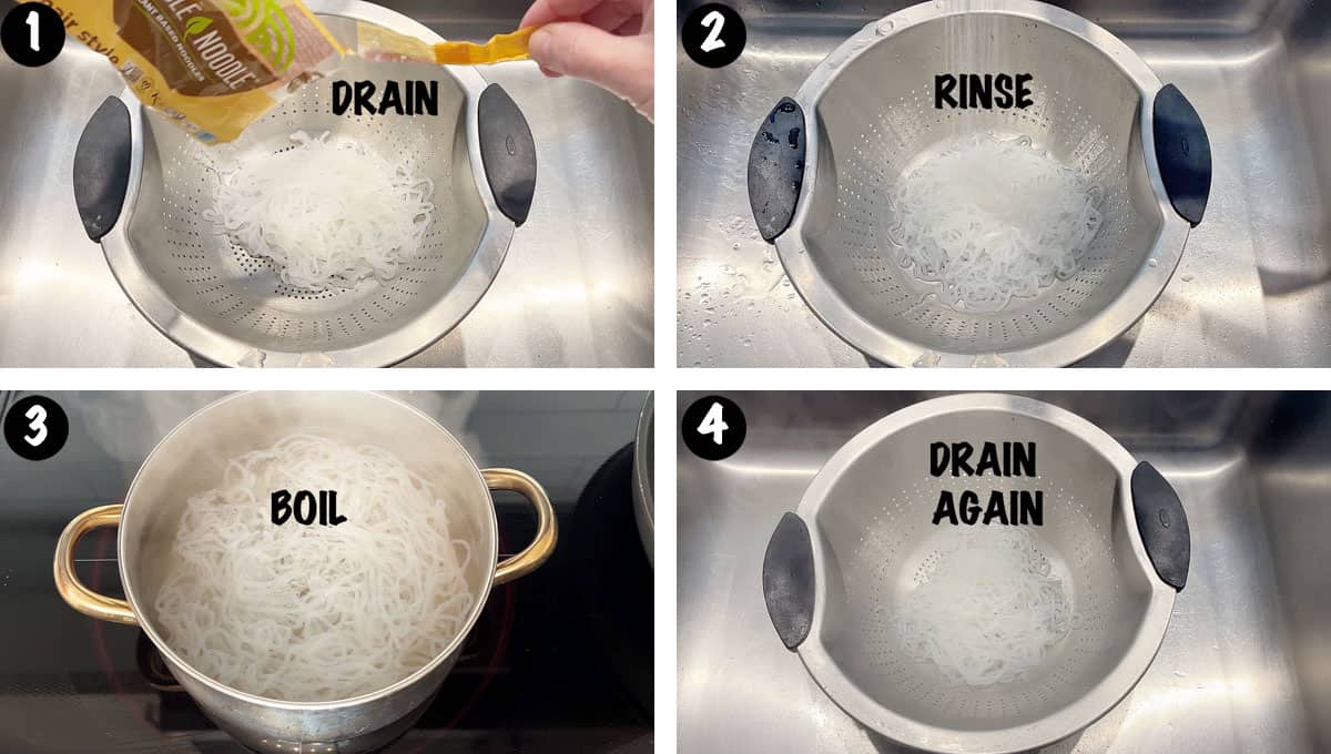 A photo collage showing steps 1-4 for making shirataki sesame noodles.