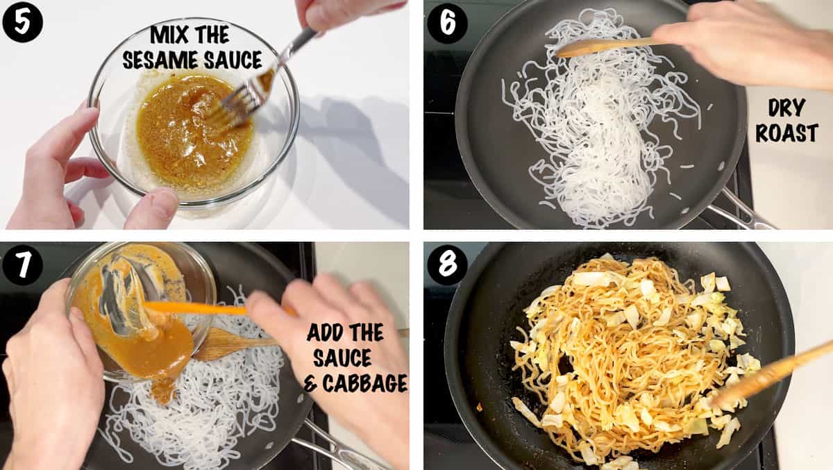 A photo collage showing steps 5-8 for making shirataki sesame noodles.