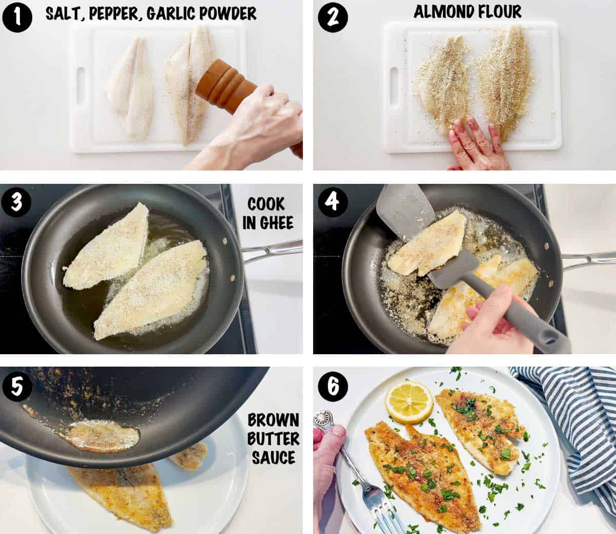 A six-photo collage showing the steps for making sole meunière. 