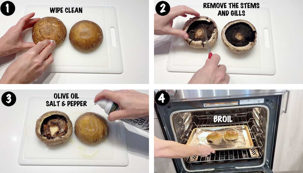 A photo collage showing steps 1-4 for making stuffed portobello mushrooms. 