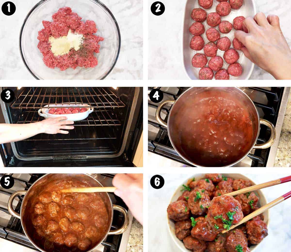 A six-photo collage showing the steps for making sweet and sour meatballs. 