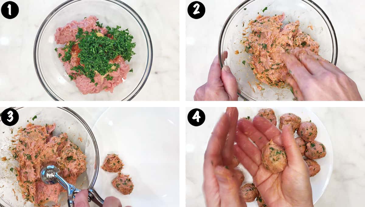 A photo collage showing steps 1-4 for making turkey meatballs. 