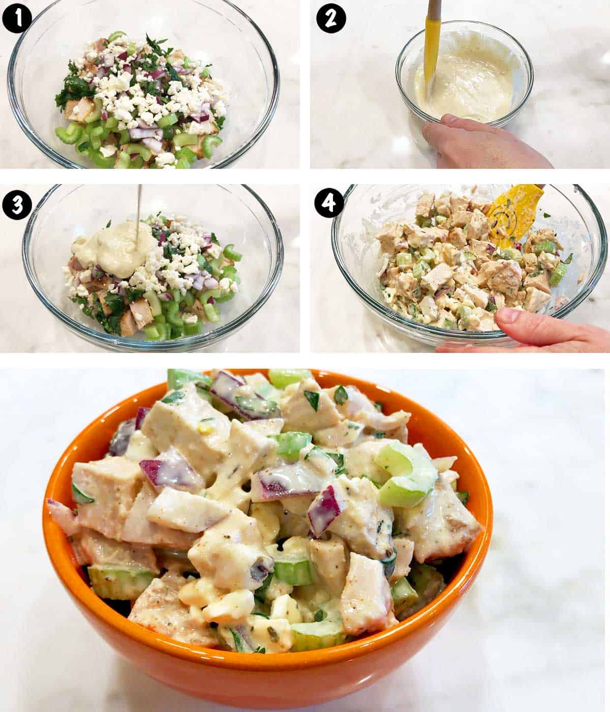 A photo collage showing the steps for making a turkey salad. 