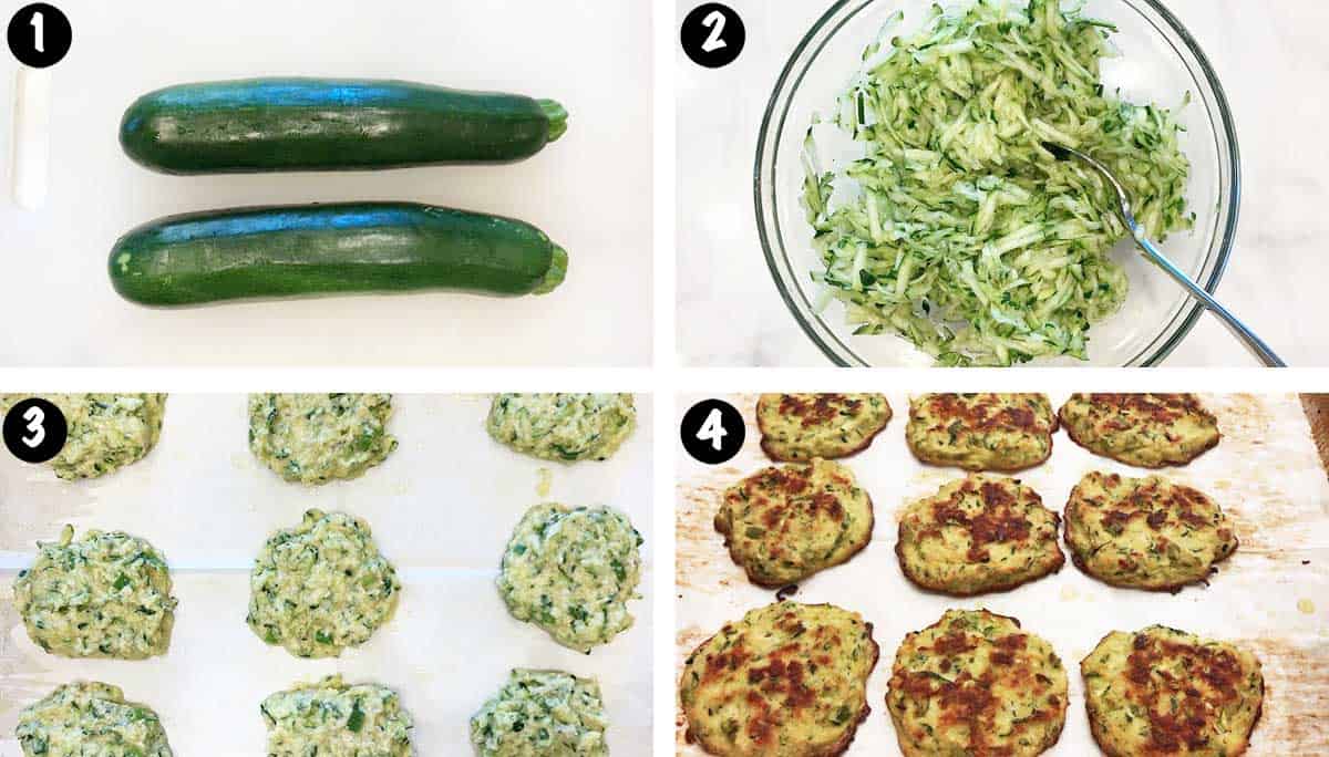 A four-photo collage showing the steps for making zucchini fritters. 