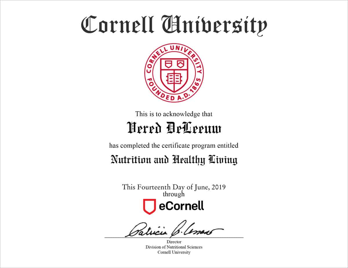 Cornell University certificate awarded to Vered DeLeeuw.