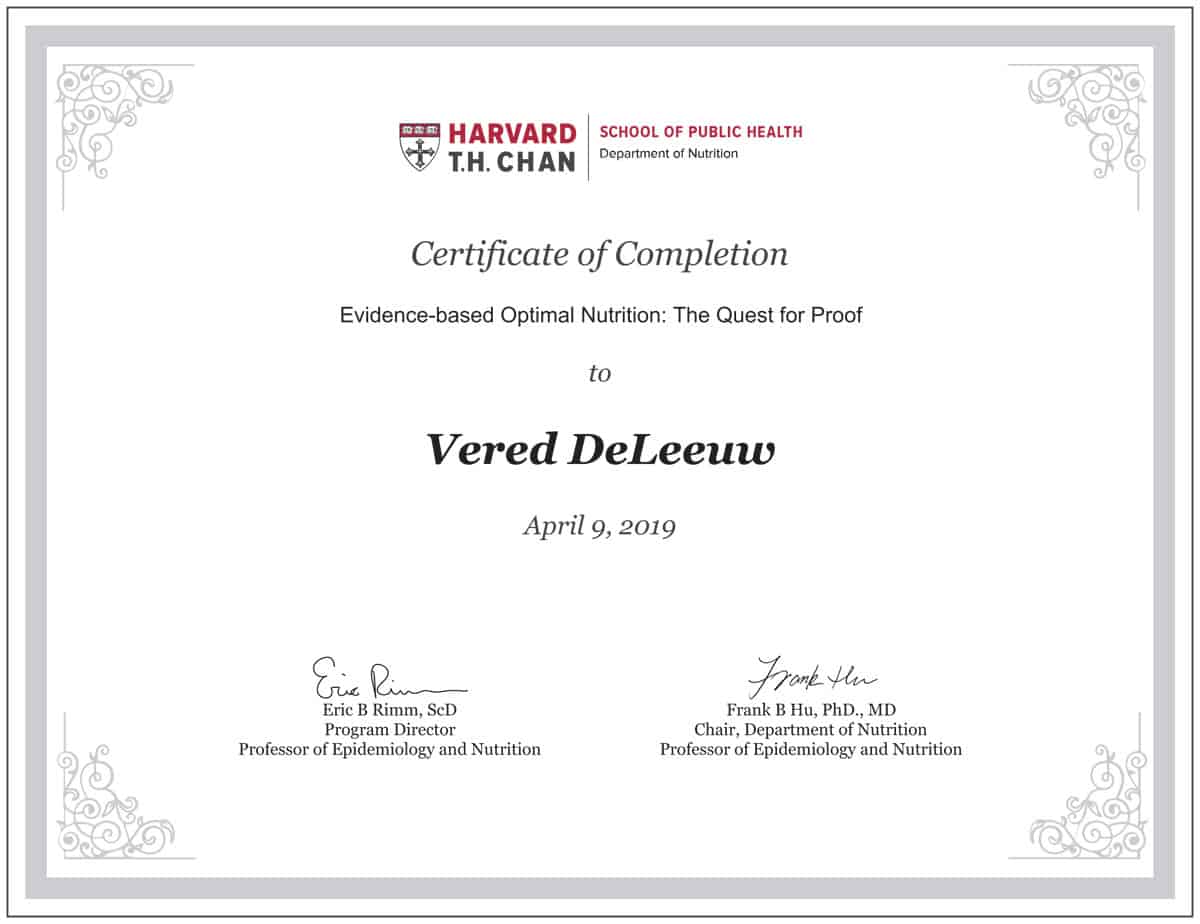 Harvard nutrition course certificate awarded to Vered DeLeeuw.