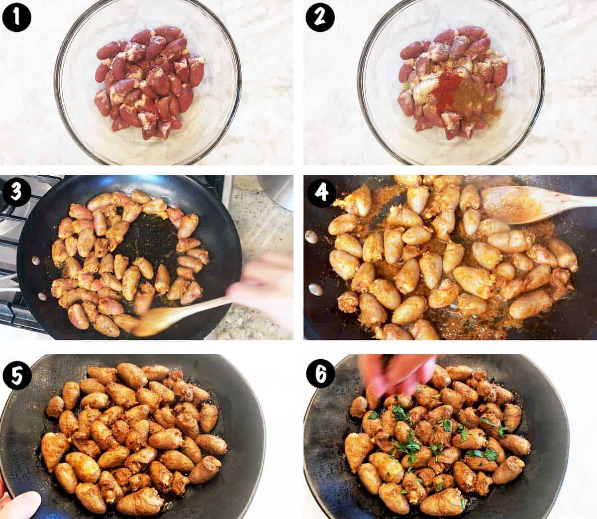 A photo collage showing the steps for cooking chicken hearts. 