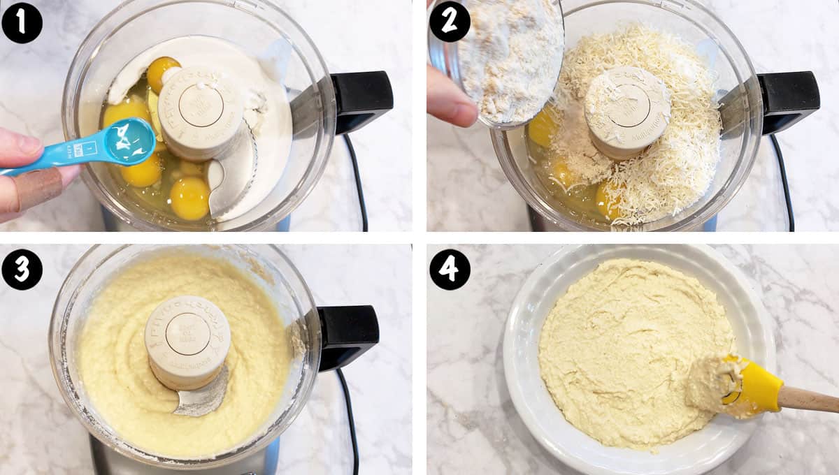 A photo collage showing steps 1-4 for baking a coconut cake. 