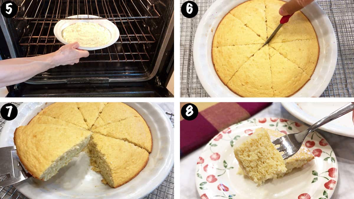 A photo collage showing steps 5-8 for baking a coconut cake. 