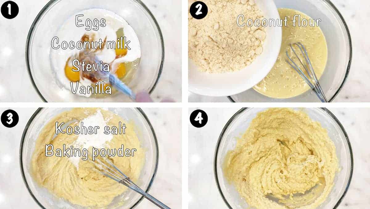 Un collage de fotos que muestra los pasos 1 a 4 para hornear un pastel de harina de coco. 
