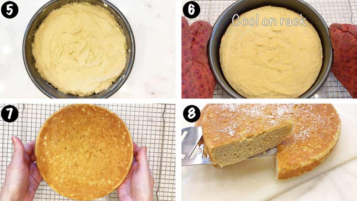 Un collage de fotos que muestra los pasos 5 a 8 para hornear un pastel de harina de coco. 