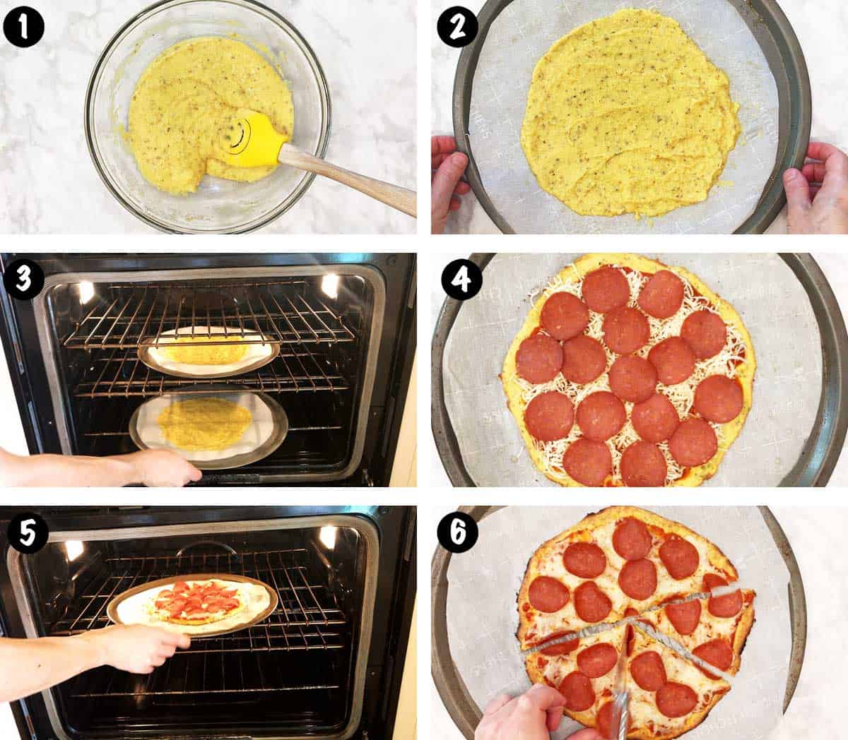 A photo collage showing the steps for making a coconut flour pizza crust. 