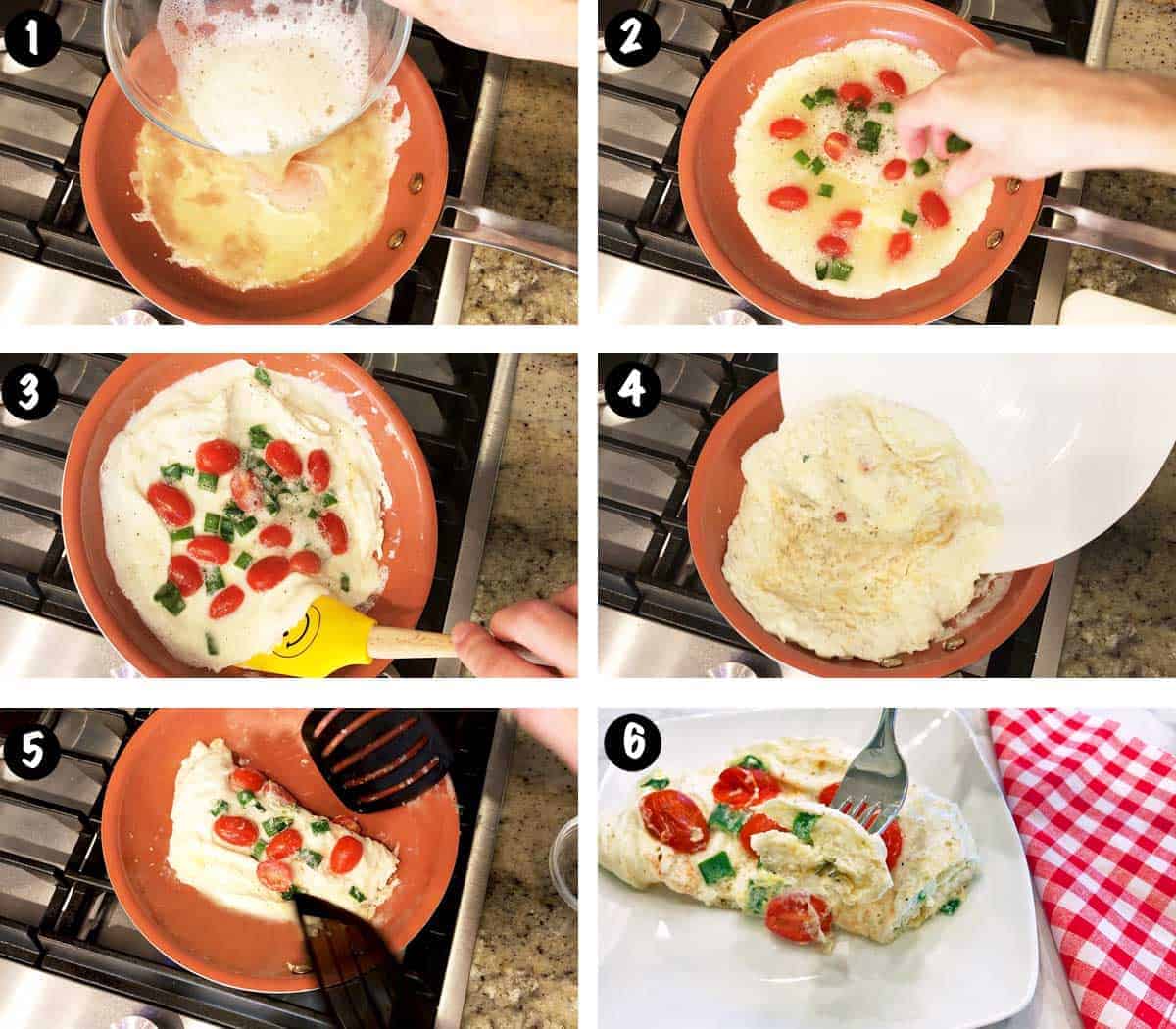A photo collage showing the steps for making an egg white omelet. 