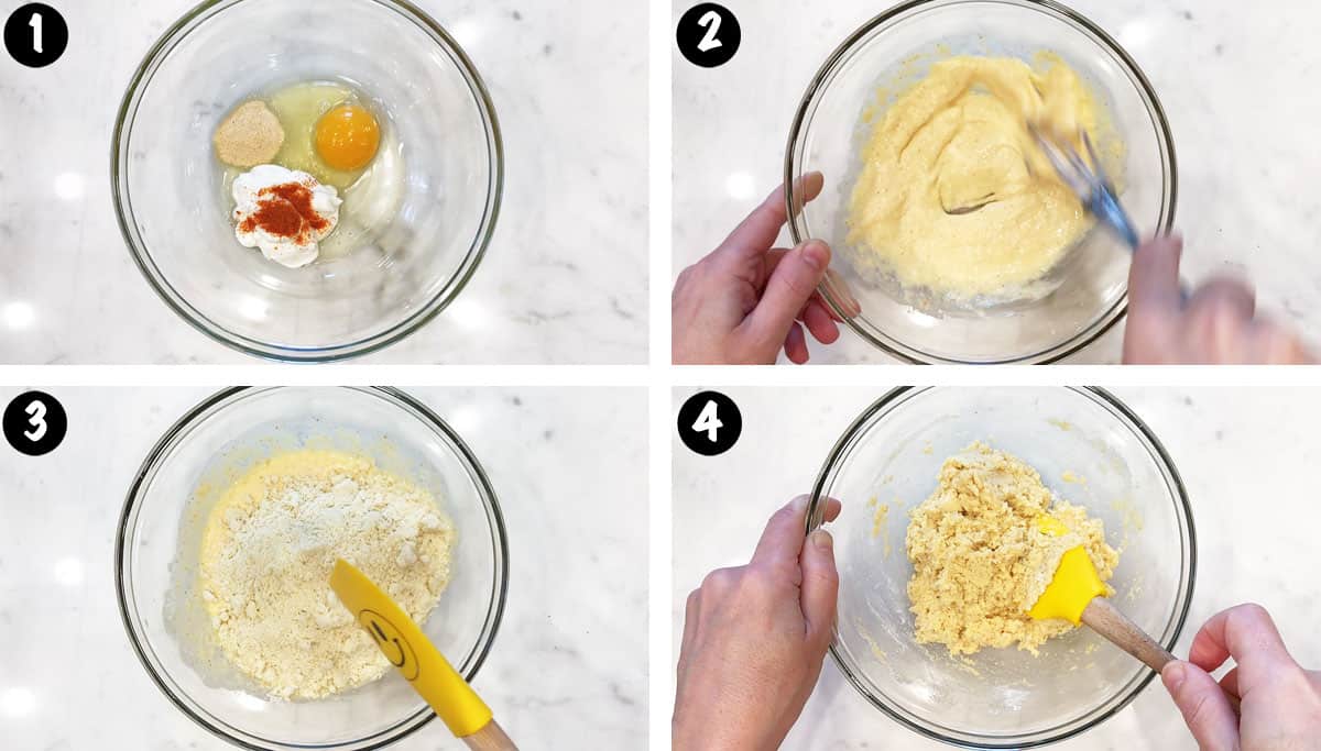 A photo collage showing steps 1-4 for making keto cheese biscuits.