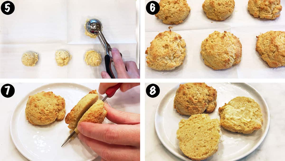 A photo collage showing steps 5-8 for making keto cheese biscuits.