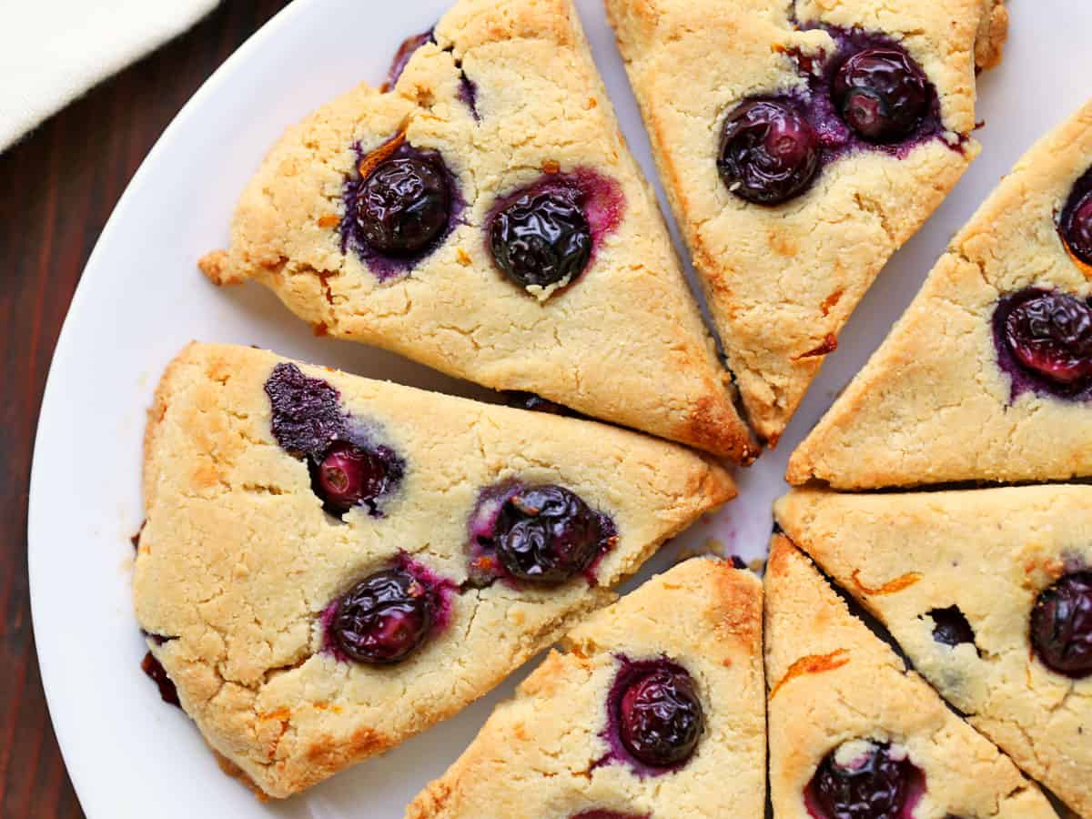 Keto blueberry scones served on a white plate. 