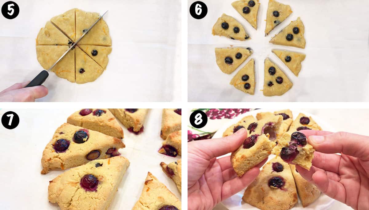 A photo collage showing steps 5-8 for making keto scones. 