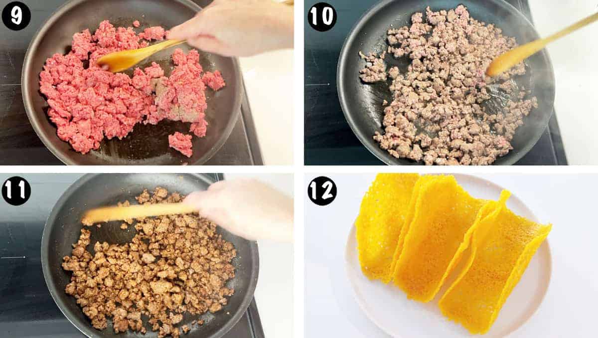 A photo collage showing steps 9-12 for making low-carb tacos. 