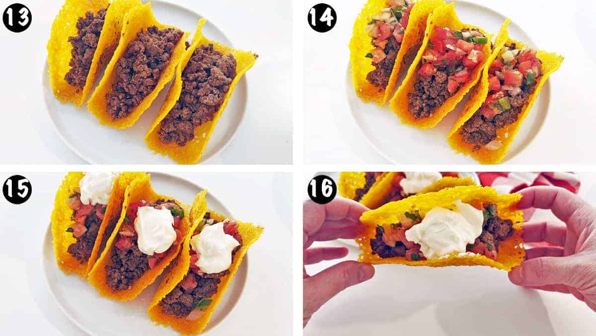 A photo collage showing steps 13-16 for making keto tacos. 