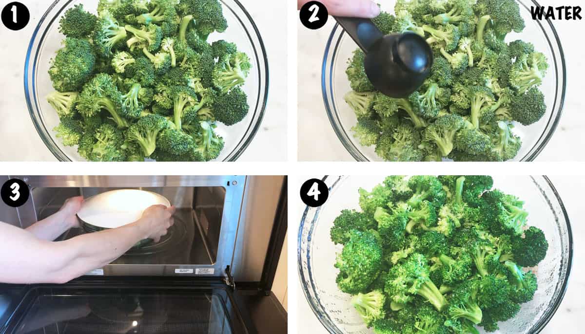 A photo collage showing the steps for microwaving broccoli. 