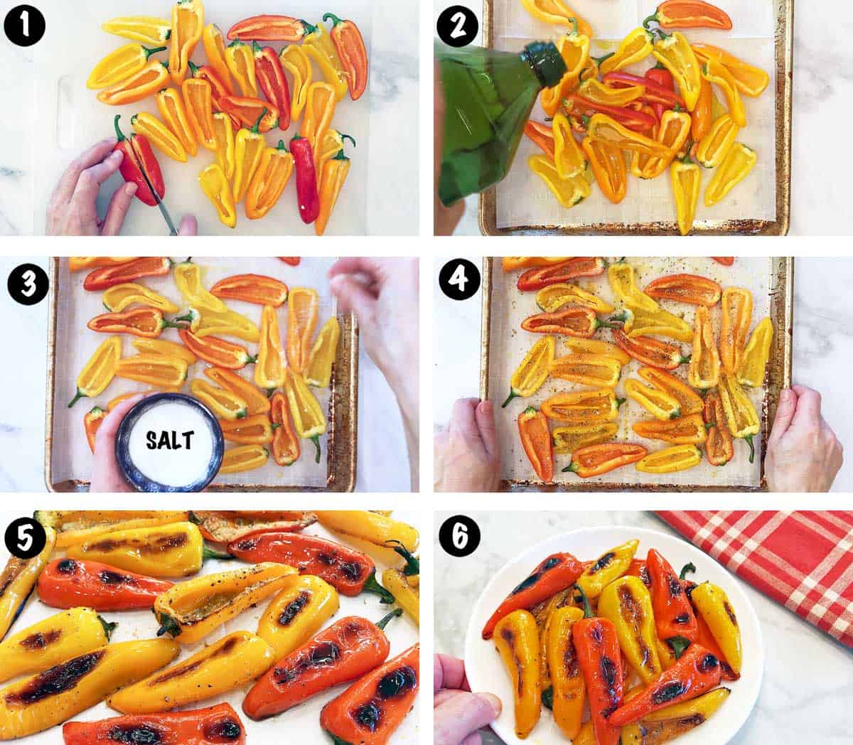 A photo collage showing the steps for roasting mini sweet peppers. 