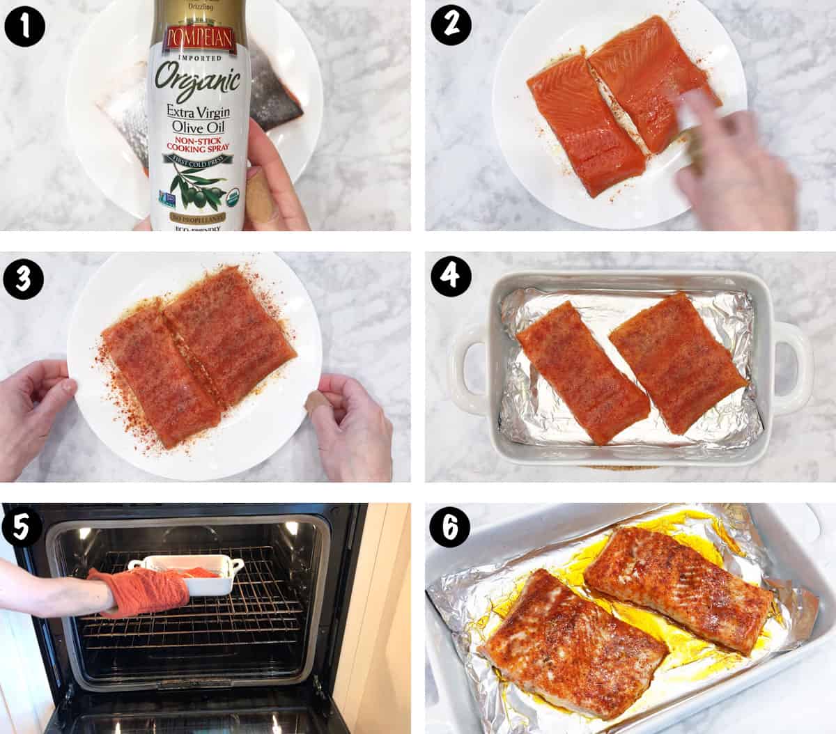 A photo collage showing the steps for making paprika salmon.