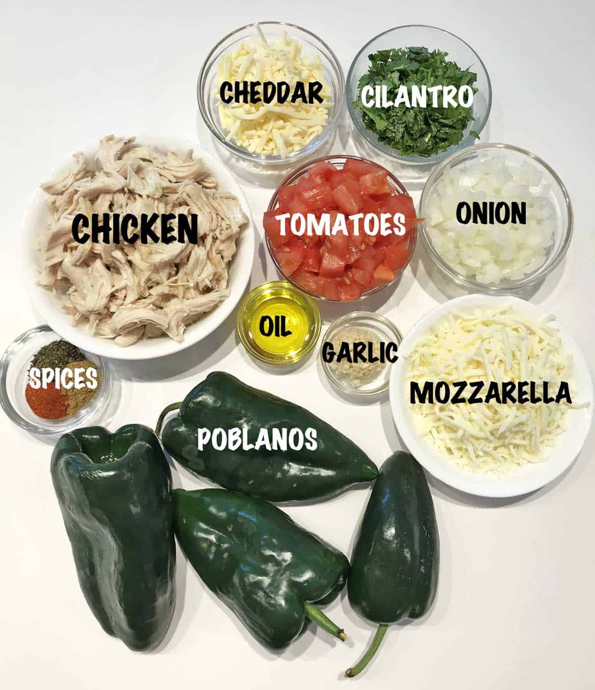 The ingredients needed to make chicken-stuffed poblanos. 