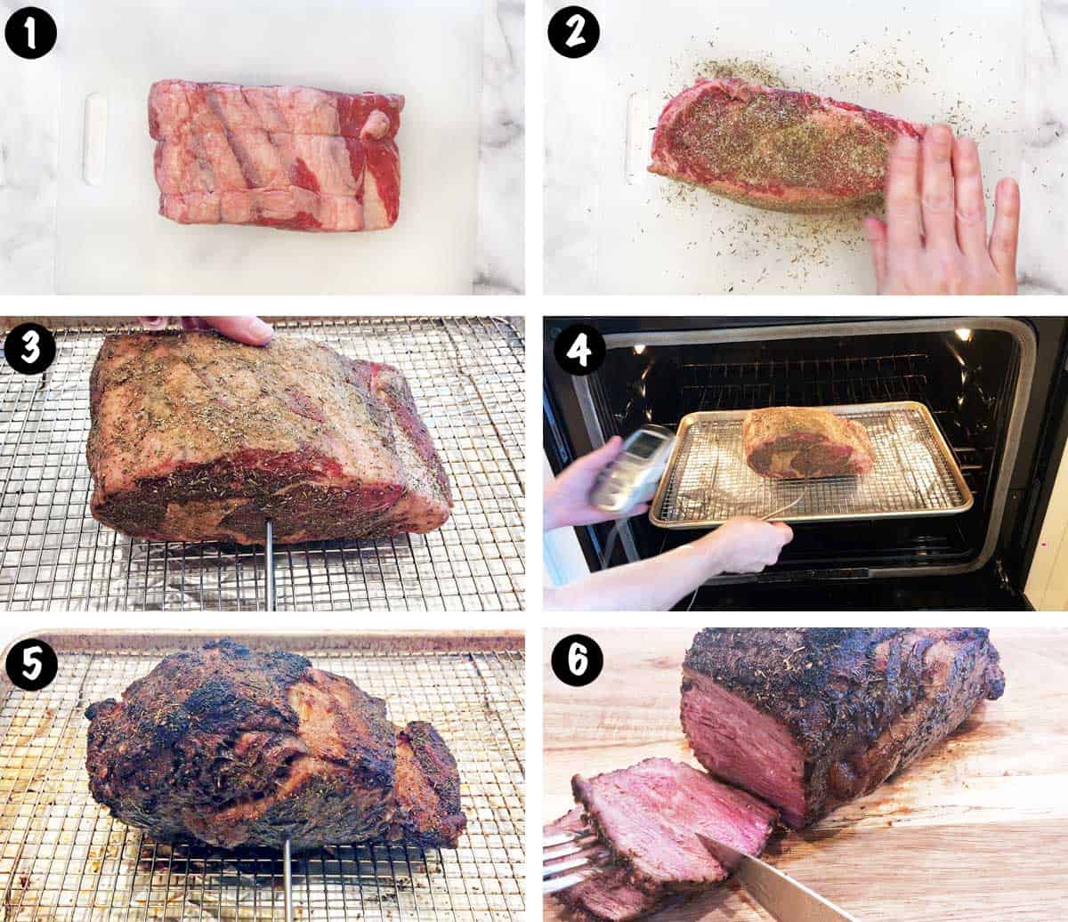 A photo collage showing the steps for cooking a ribeye roast. 