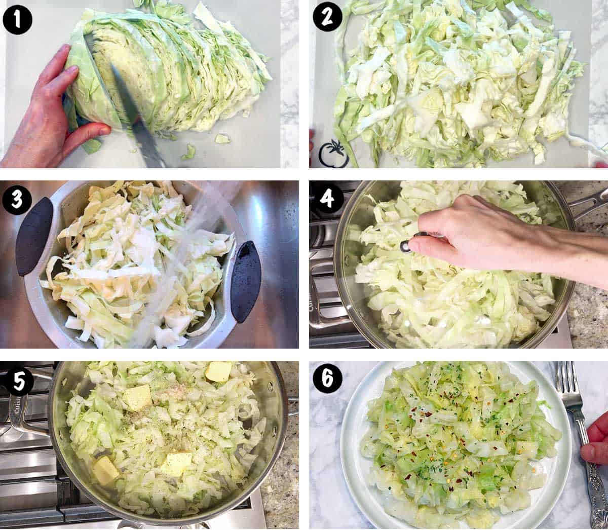A photo collage showing the steps for steaming cabbage. 