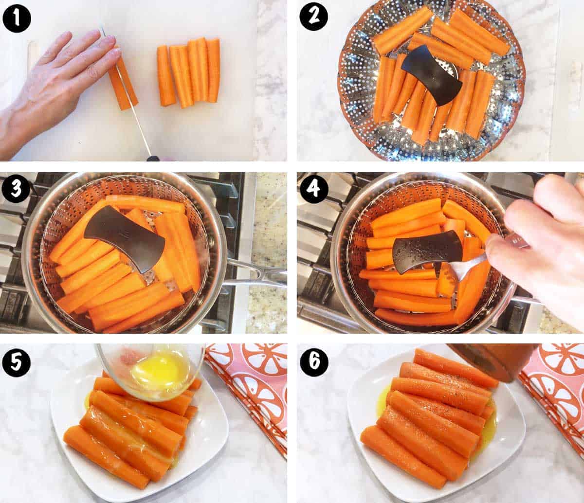 Un collage de fotos que muestra los pasos para cocinar zanahorias al vapor. 