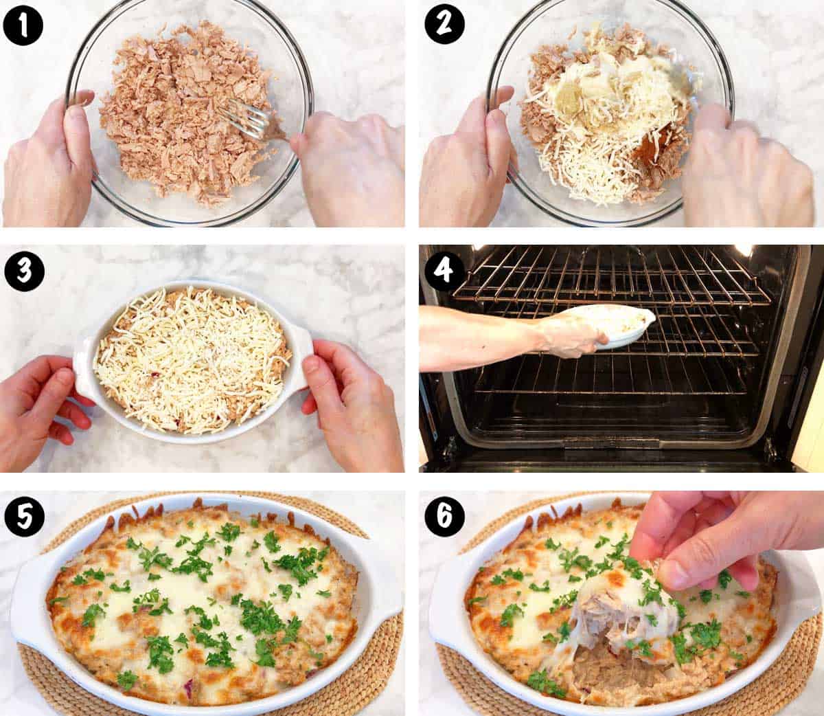A six-photo collage showing the steps for making a tuna casserole. 