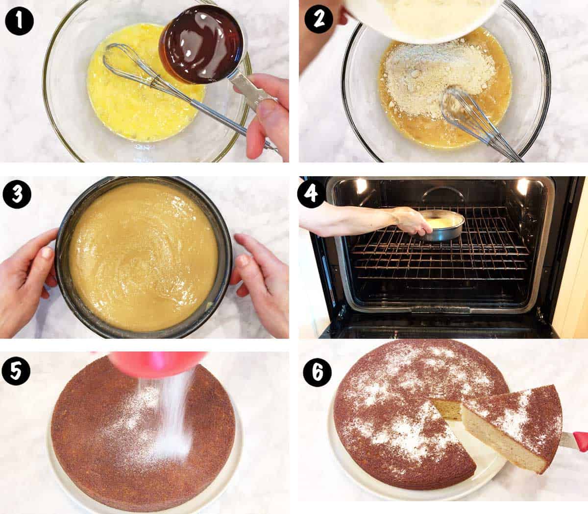A six-photo collage showing the steps for baking an almond flour cake. 