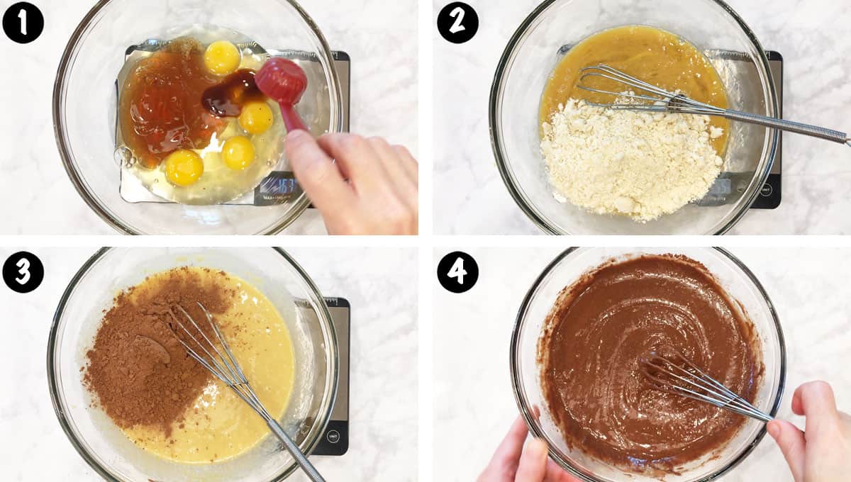 A photo collage showing steps 1-4 for making almond flour chocolate cake. 