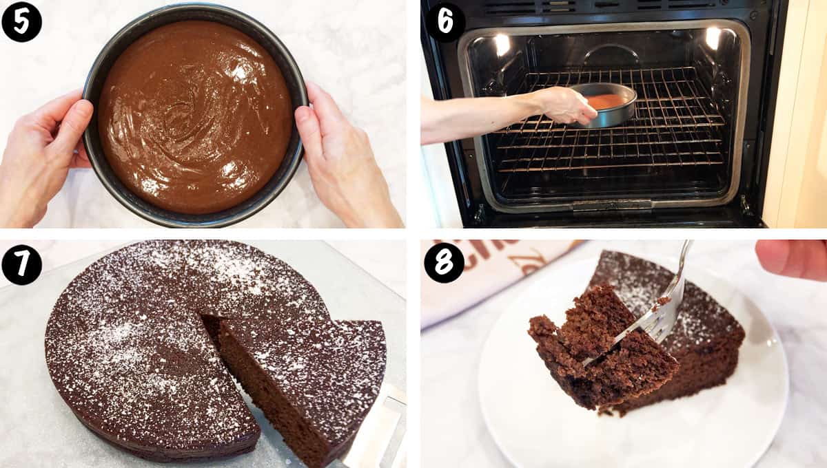 A photo collage showing steps 5-8 for making almond flour chocolate cake. 