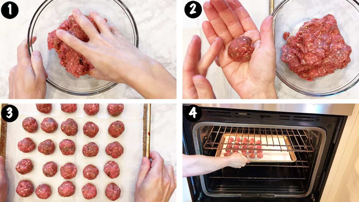 A photo collage showing steps 1-4 for making Asian meatballs.