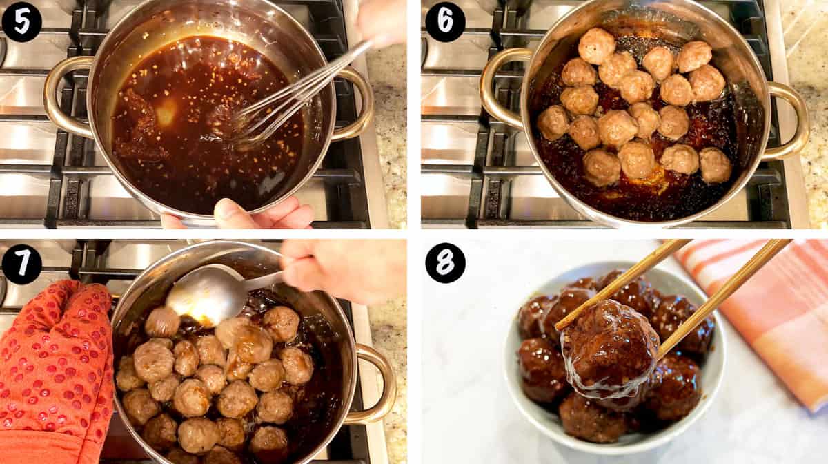 A photo collage showing steps 5-8 for making Asian-style meatballs.
