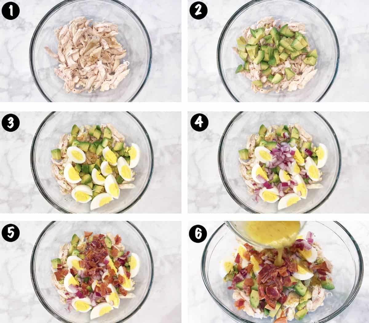 Un collage de seis fotos que muestra los pasos para hacer una ensalada de pollo con aguacate. 
