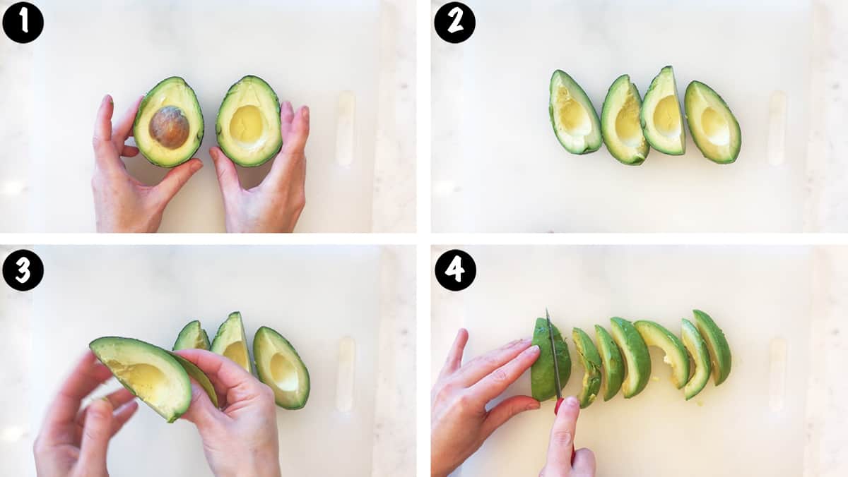 A photo collage showing steps 1-4 for making avocado fries. 