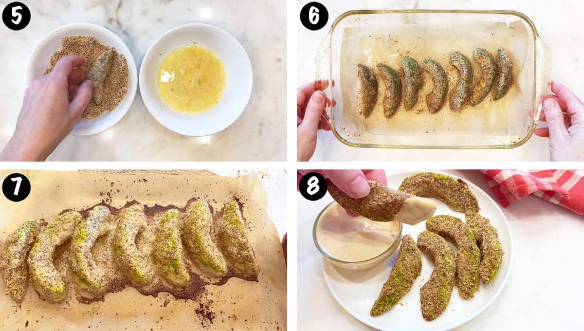 A photo collage showing steps 5-8 for making avocado fries. 