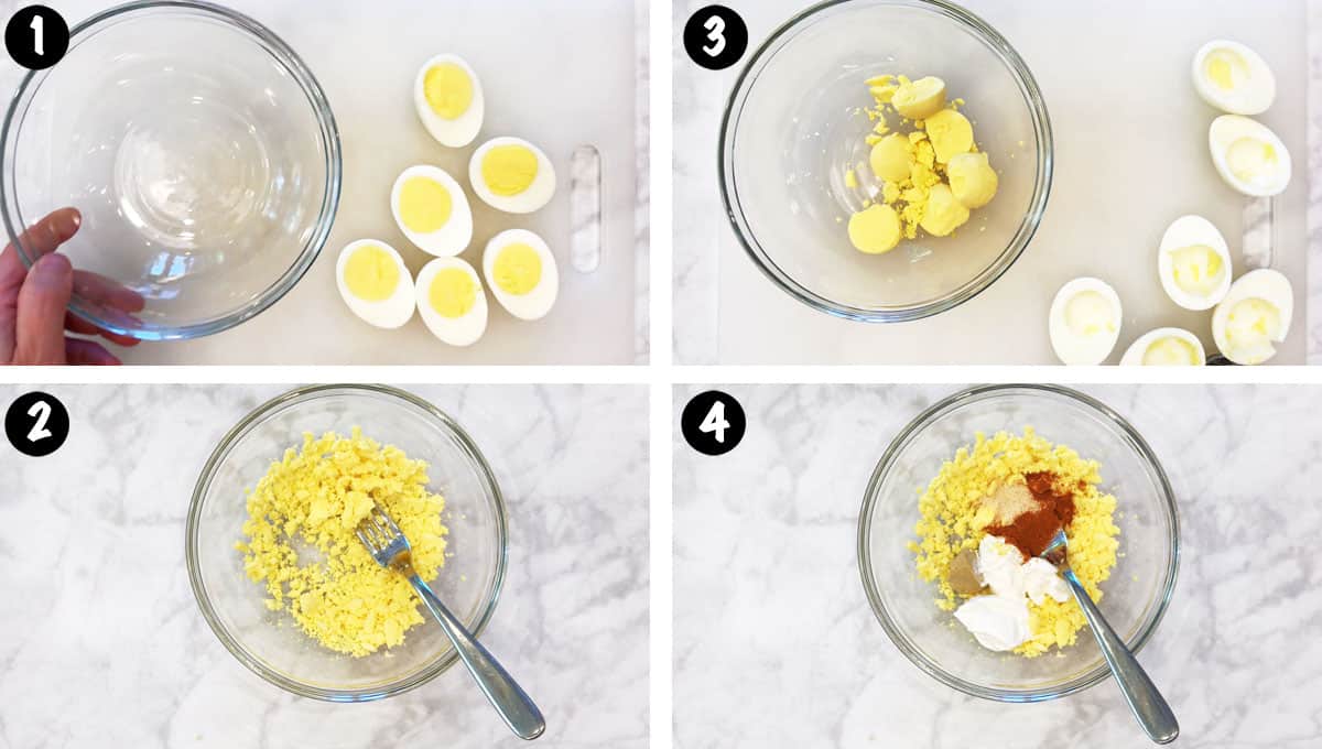 Un collage de fotos que muestra los pasos 1-4 para hacer huevos rellenos con tocino.