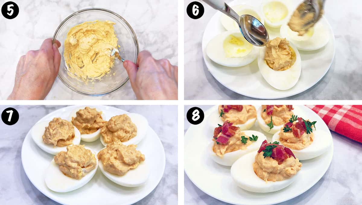 Un collage de fotos que muestra los pasos 5-8 para hacer huevos rellenos con tocino.