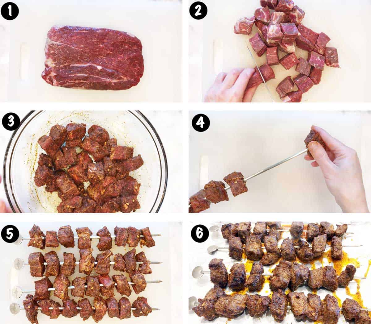 Un collage de fotos que muestra los pasos para hacer brochetas de bistec. 