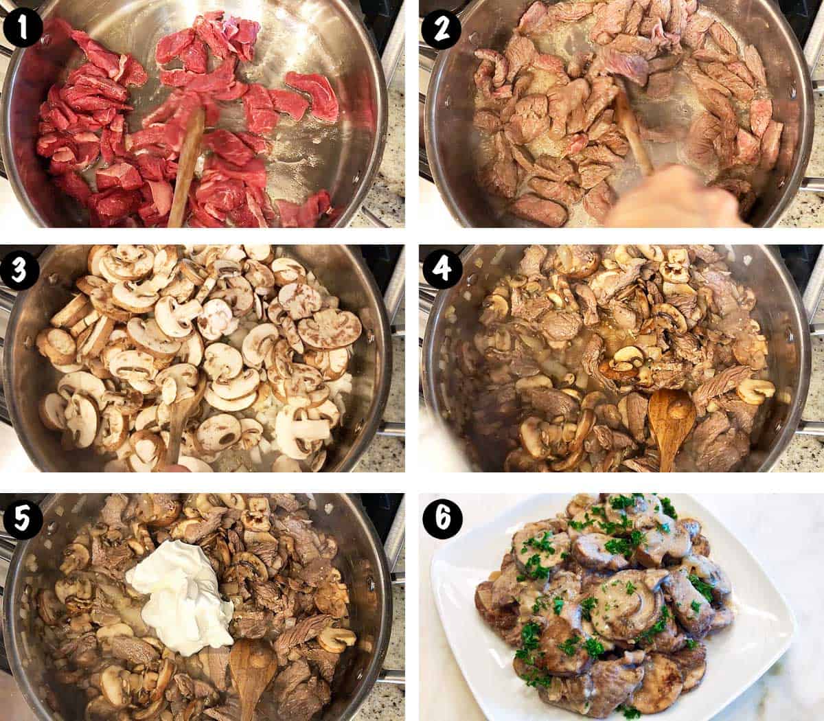 A photo collage showing the steps for making beef stroganoff. 